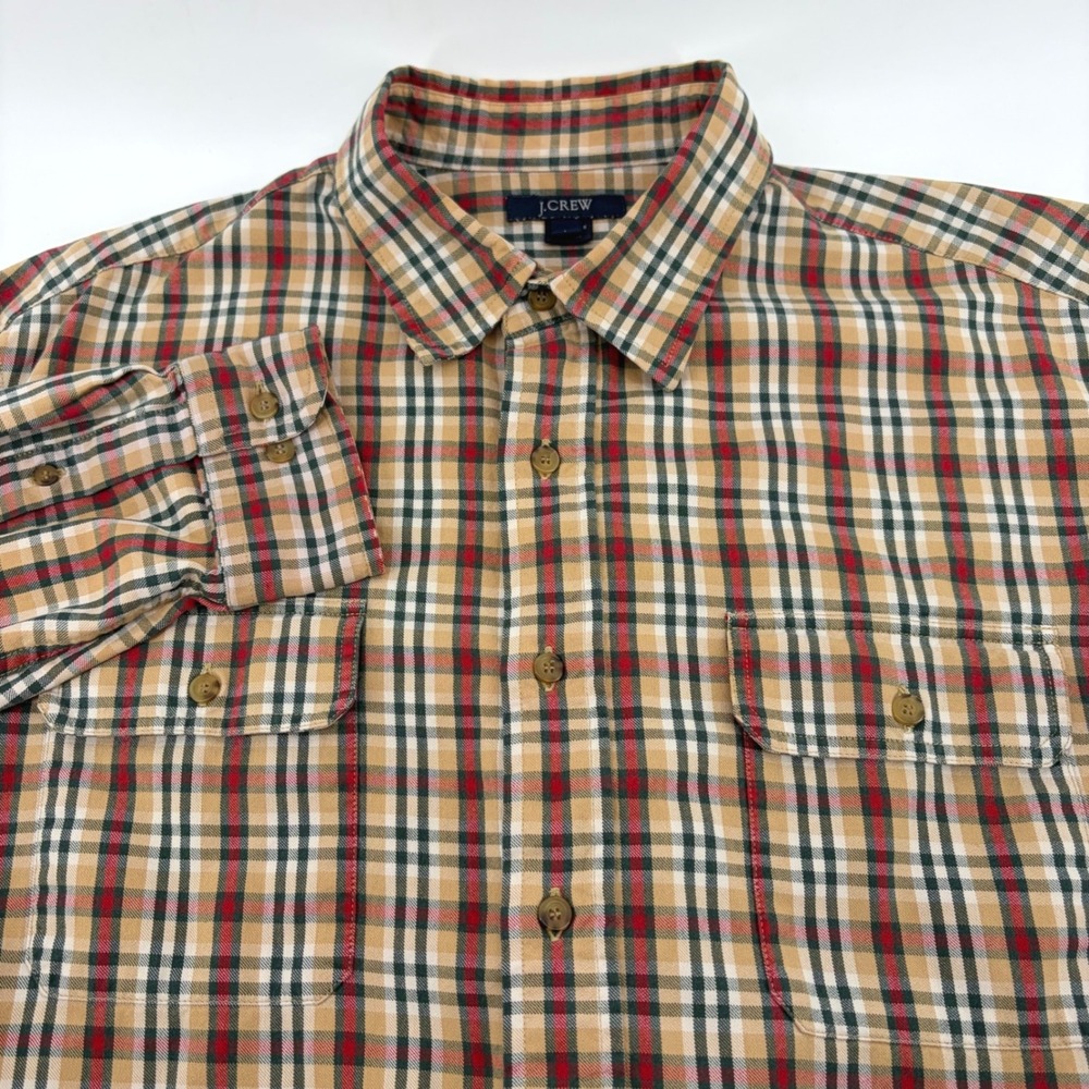J.Crew Mens Plaid Button Down Shirt L Tan Red‎ Green Cotton 62229 Long Sleeve